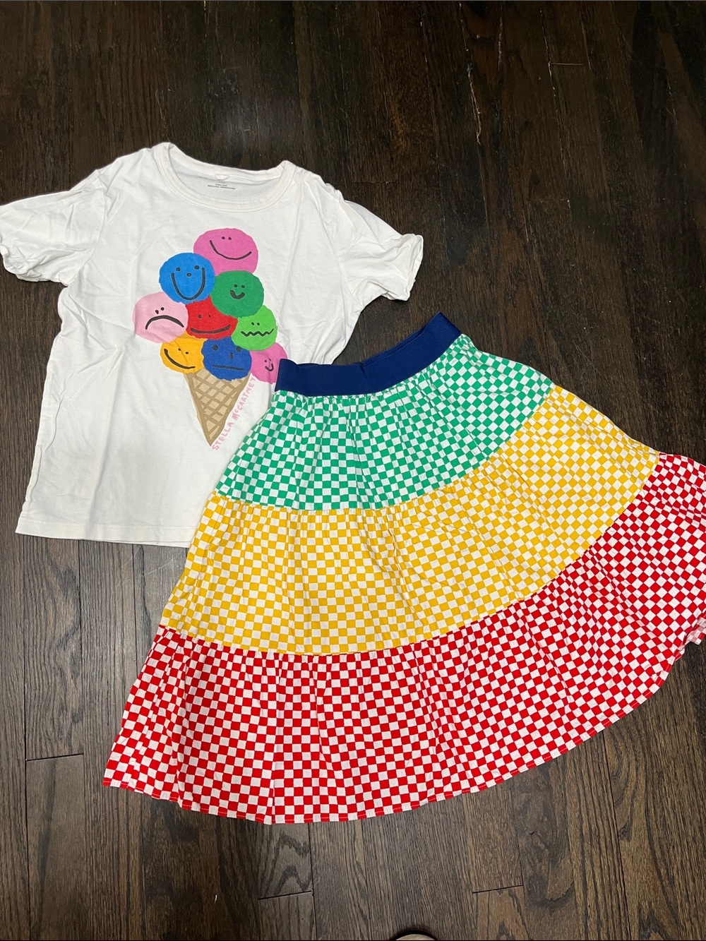 Stella McCartney Kids multi color Checkerboard Skirt with ice cream T shirt set